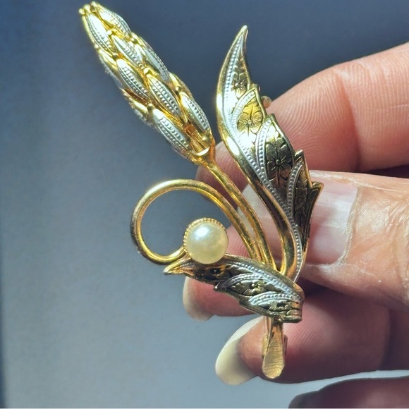Gold and Silver Leaf Brooch with Pearl Wheat Faith 1375 R - Picture 1 of 6